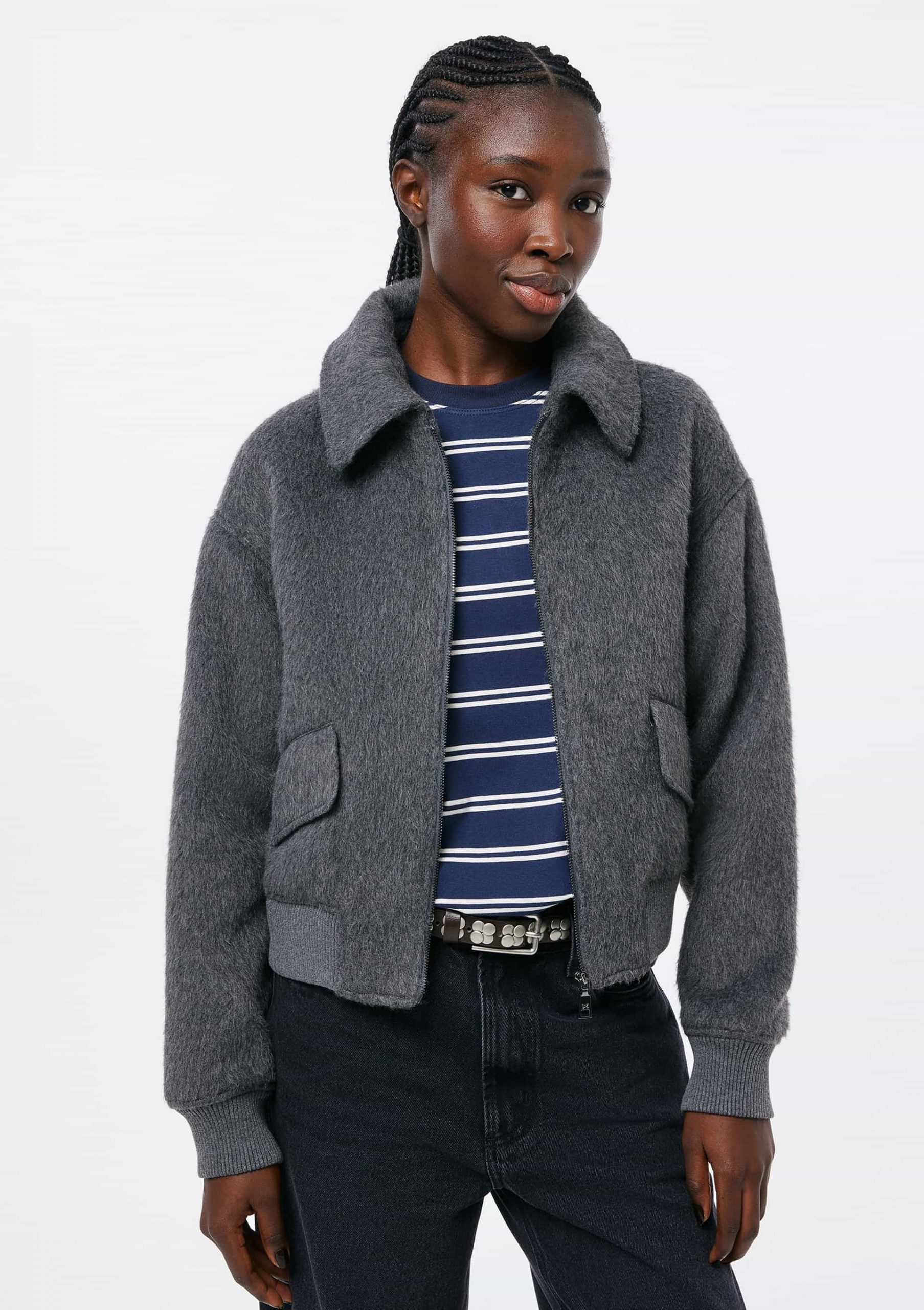 Chic Athleisure with Fuzzy Knit Bomber and Denim — Winter Athleisure Outfits
