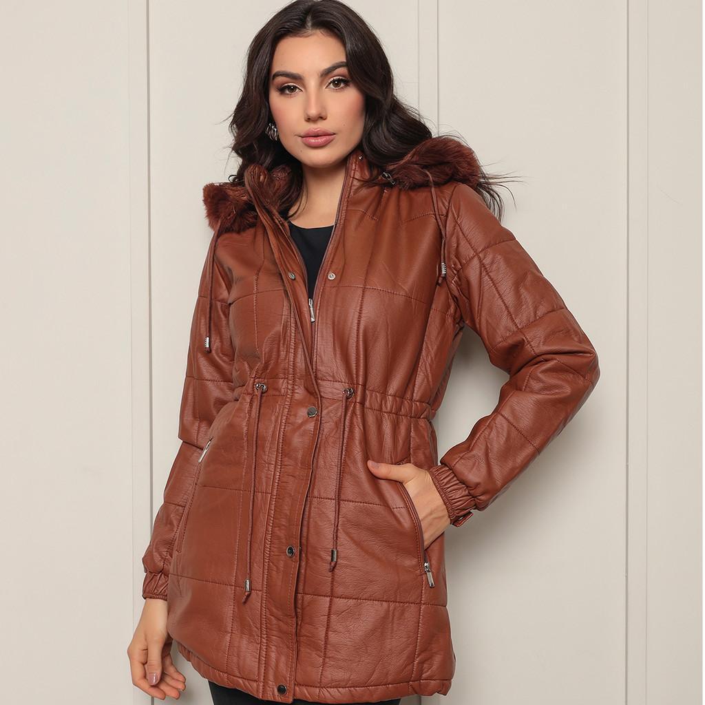 Quilted Faux Leather Parka with Faux Fur Hood — Winter Jackets for Women