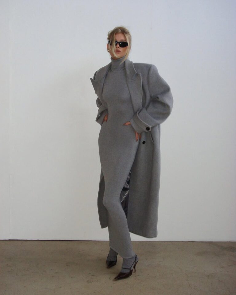 Sophisticated Grey Turtleneck Maxi Dress with Wool Coat — Winter Dress Outfits