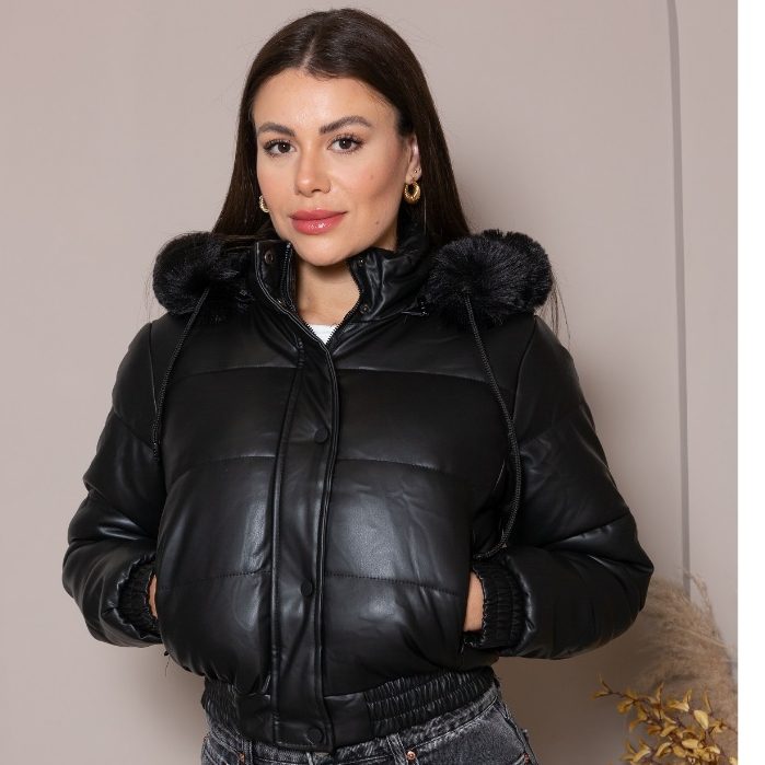 Streetwear Cropped Black Faux Leather Puffer — Winter Jackets for Women