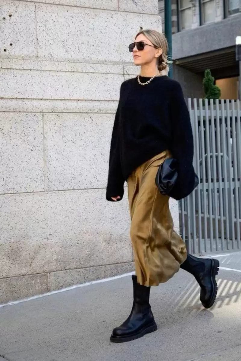 Sophisticated Satin Midi Skirt with Oversized Knit Sweater — Winter Skirt Outfits