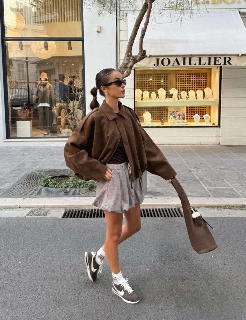 Textured Bubble-Hem Skirt with Suede Bomber Jacket — Winter Skirt Outfits