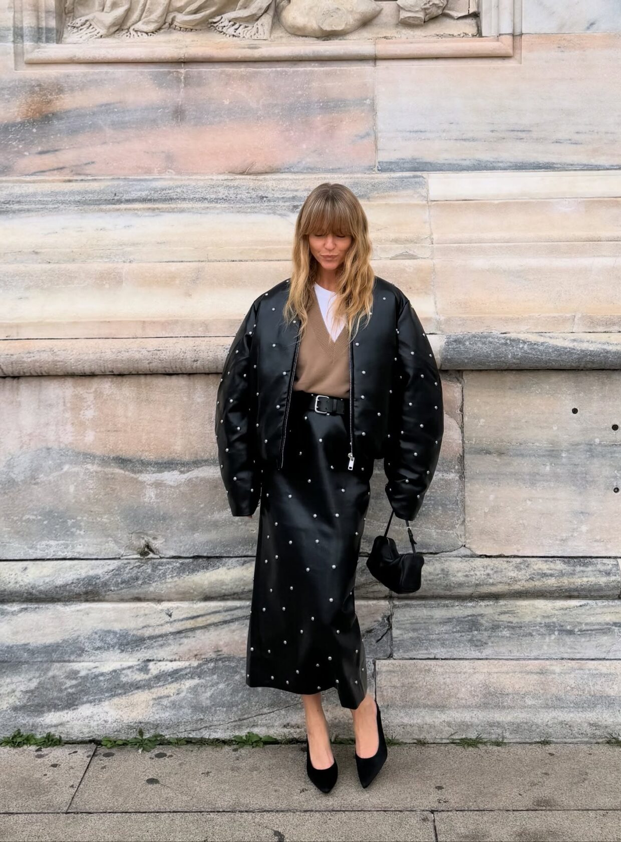 Studded Leather A-line Skirt with Oversized Bomber Jacket — Winter Skirt Outfits