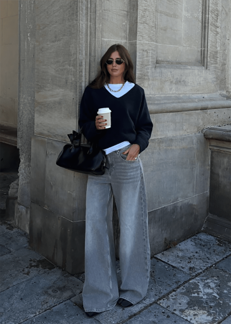 Navy Sweater and Grey Wide Leg Jeans for a Classic Look Navy Sweater and Grey Wide Leg Jeans for a Classic Look — Winter Outfits with Wide Leg Jeans