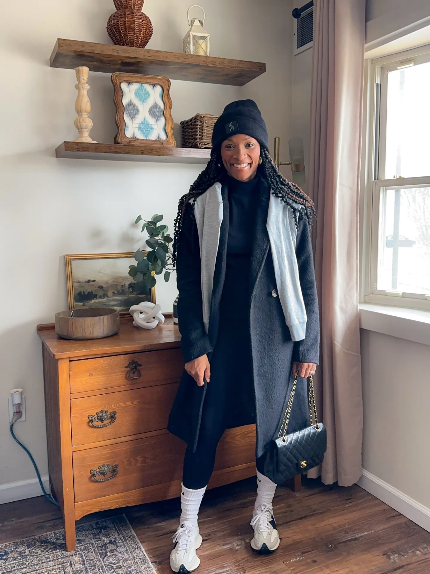 Layered Black Leggings Under a Long Black Coat — Winter Outfits with Leggings