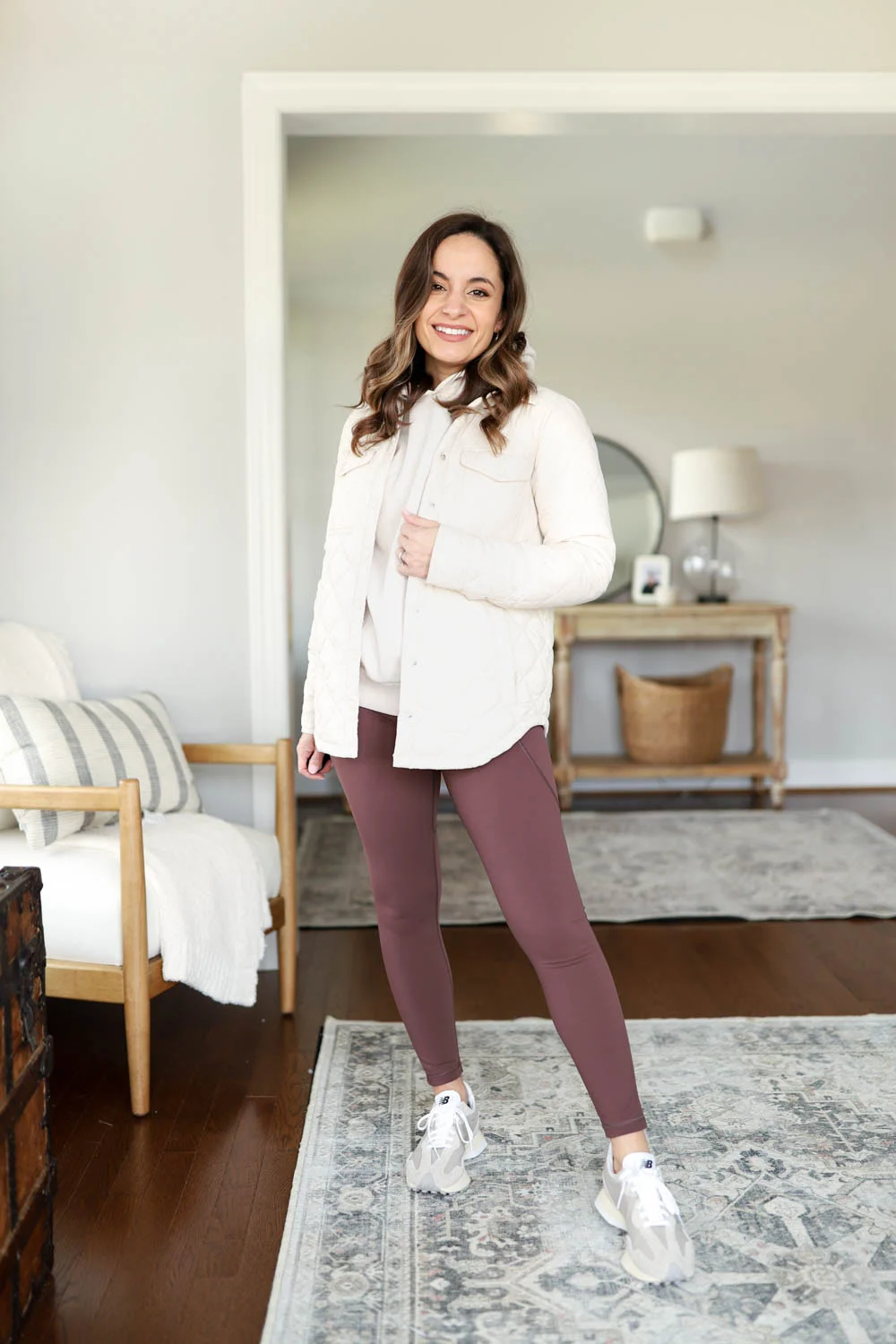Purple Leggings Paired with a Cream Quilted Jacket — Winter Outfits with Leggings