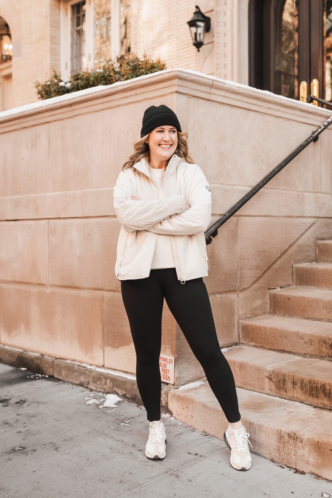 Cream Puffer Jacket and Black Leggings Combo — Winter Outfits with Leggings