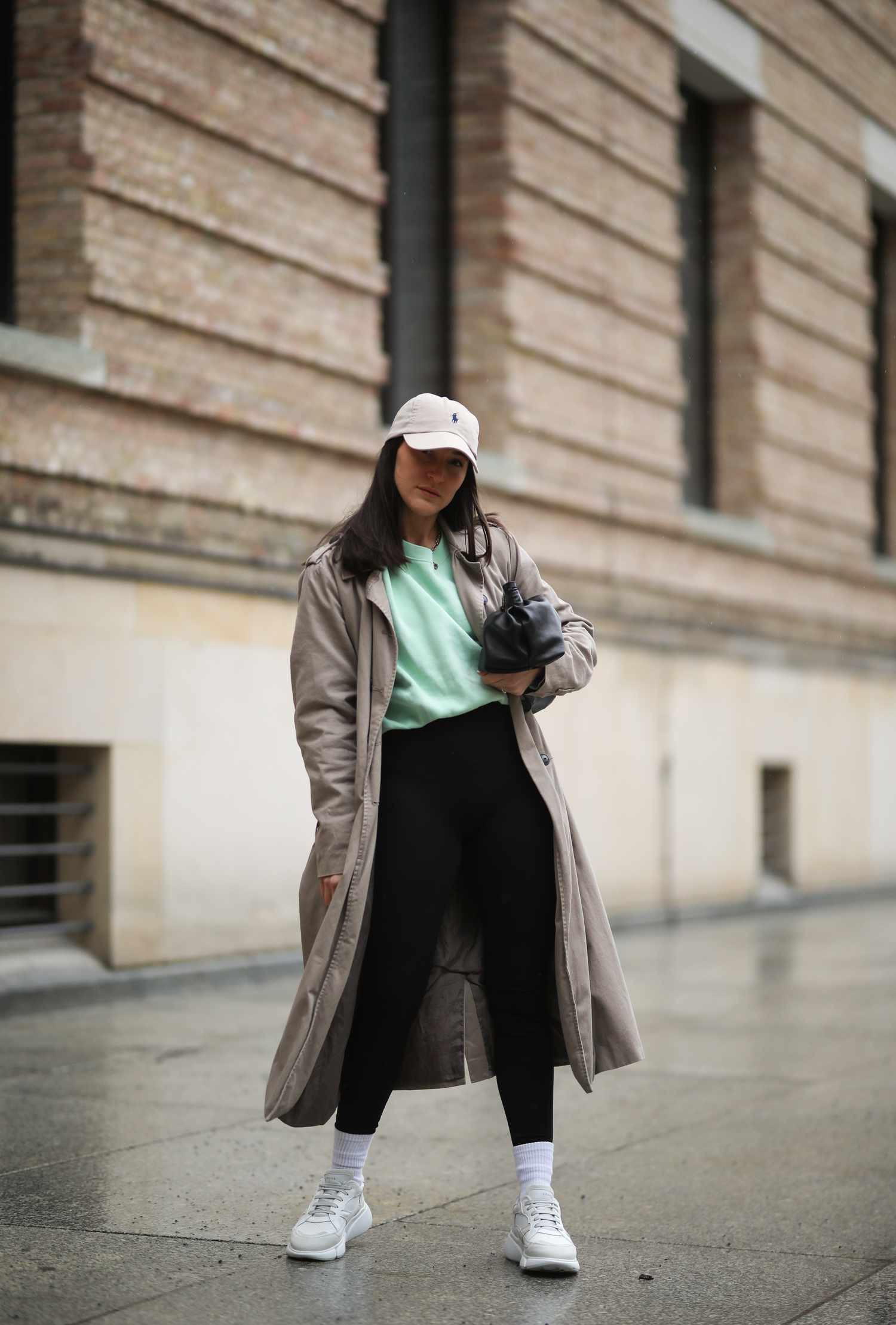 Black Leggings with a Mint Green Sweatshirt and Trench Coat — Winter Outfits with Leggings