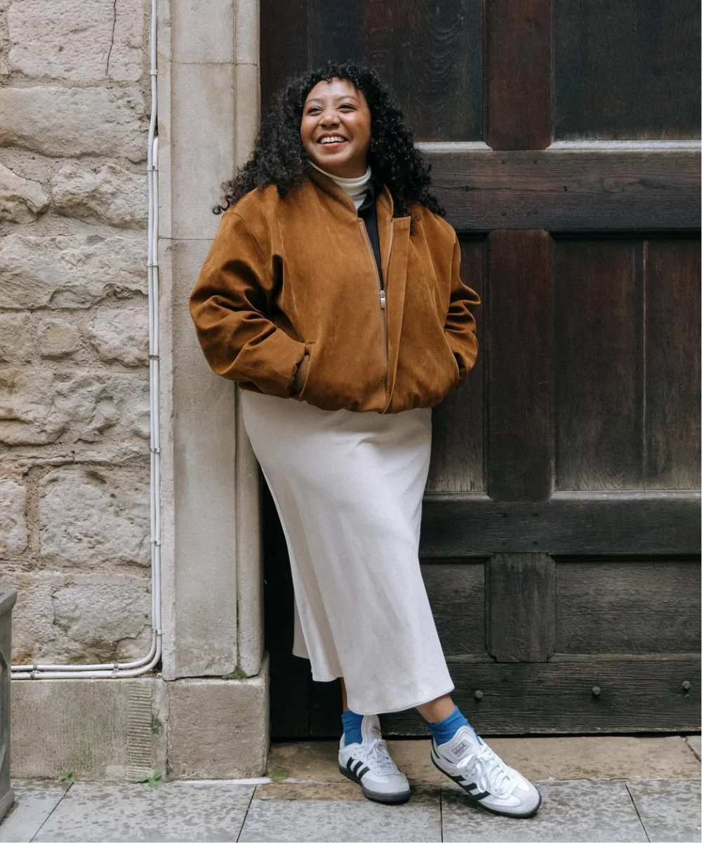 Suede Bomber Jacket with A-Line Skirt and Sneakers — Winter Outfits with Sneakers