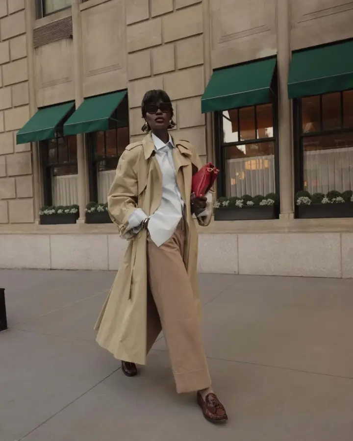 Beige Trench Coat with Light Blue Shirt and Tan Trousers Beige Trench Coat with Light Blue Shirt and Tan Trousers — Winter Layering Outfits