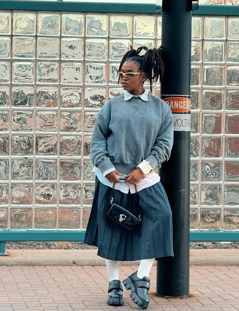 Grey Sweatshirt Layered with Camisole and Pleated Skirt Grey Sweatshirt Layered with Camisole and Pleated Skirt — Winter Layering Outfits