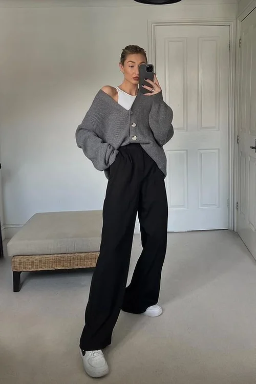 Relaxed Grey Cardigan Over White Tank with Black Trousers Relaxed Grey Cardigan Over White Tank with Black Trousers — Winter Capsule Wardrobe