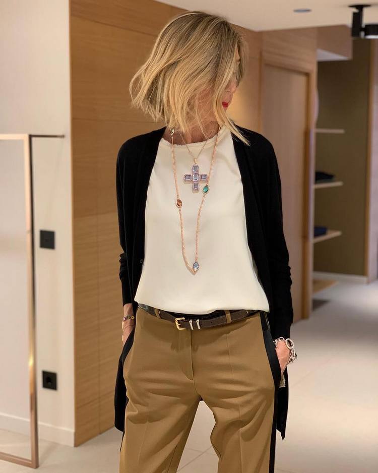 Camel Trousers with Cream Blouse and Black Cardigan Camel Trousers with Cream Blouse and Black Cardigan — Winter Capsule Wardrobe
