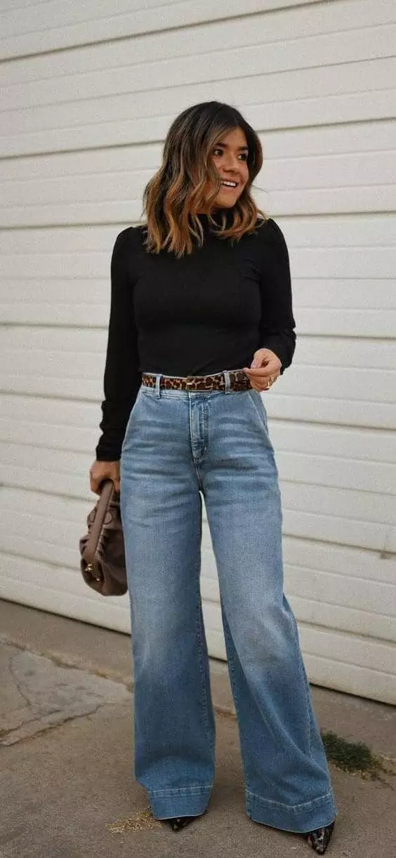 Leopard Print Belt Accents Dark Top and Light Wide Leg Jeans Leopard Print Belt Accents Dark Top and Light Wide Leg Jeans — Winter Outfits with Wide Leg Jeans