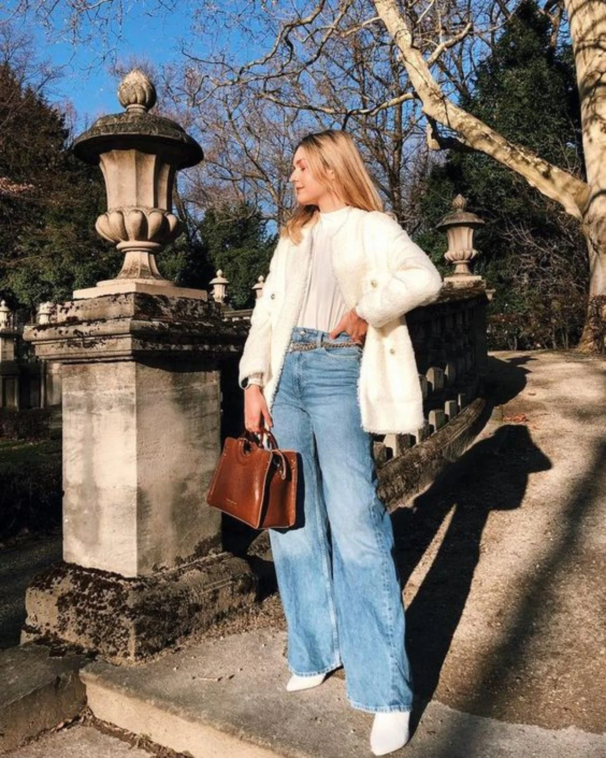 Textured Cream Jacket with Light Wash Wide Leg Jeans Textured Cream Jacket with Light Wash Wide Leg Jeans — Winter Outfits with Wide Leg Jeans