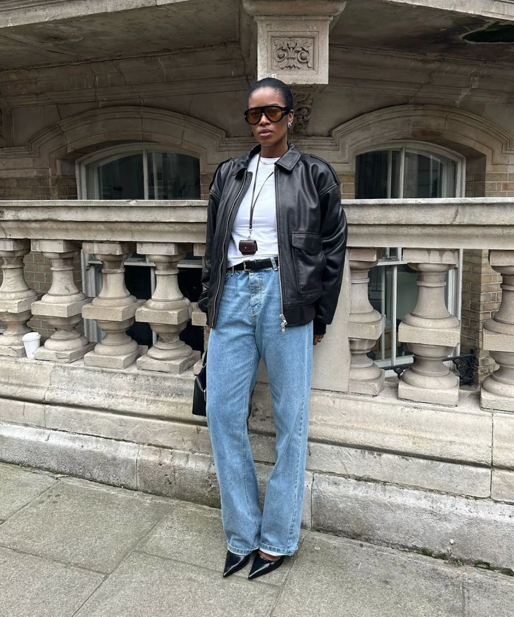 Oversized Leather Bomber Jacket with Wide Leg Jeans Oversized Leather Bomber Jacket with Wide Leg Jeans — Winter Outfits with Wide Leg Jeans