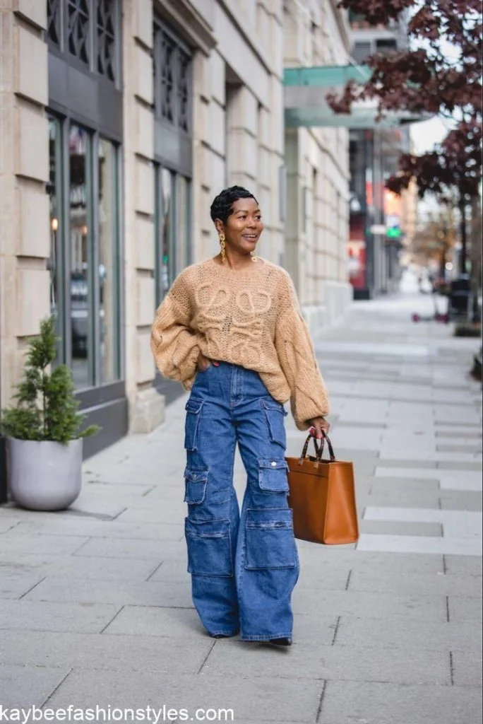 Oversized Camel Sweater with Multi-Pocket Wide Leg Jeans Oversized Camel Sweater with Multi-Pocket Wide Leg Jeans — Winter Outfits with Wide Leg Jeans