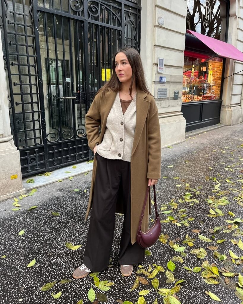 Brown Wool Coat Over Beige Cardigan and T-shirt — Neutral Winter Outfits