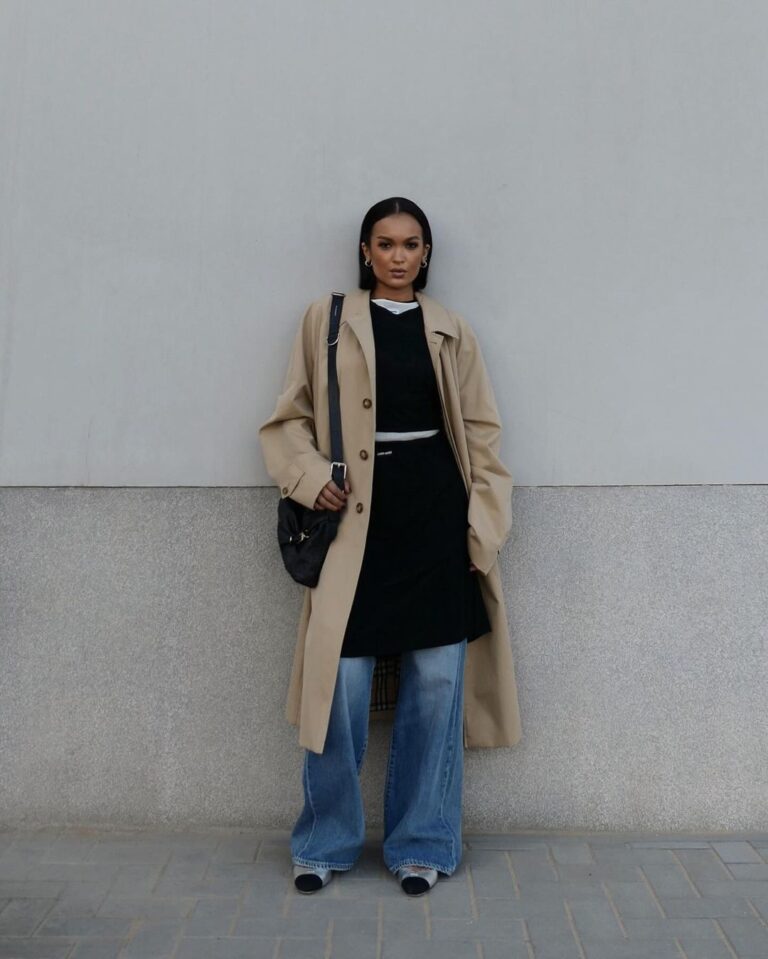 Beige Trench Coat Over Black Sweater and White Tee — Neutral Winter Outfits