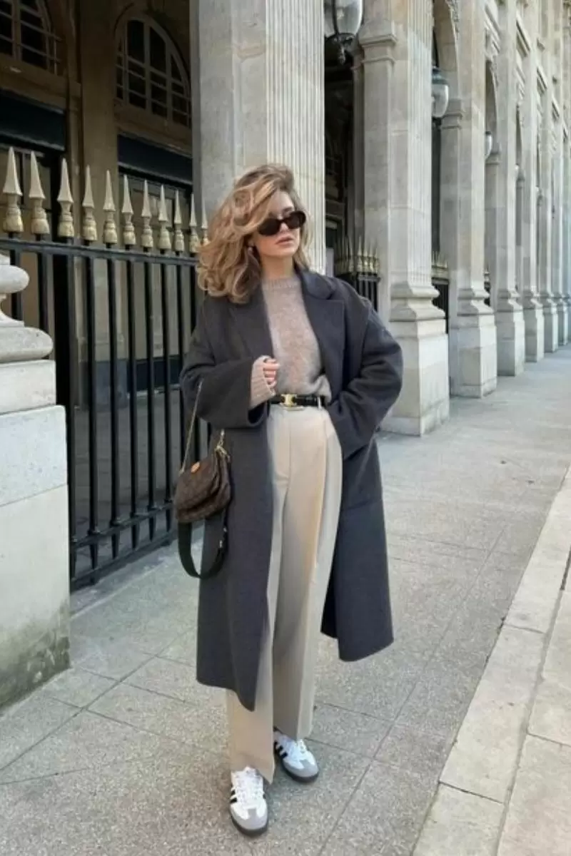 Dark Grey Oversized Coat with Beige Sweater and Cream Pants — Neutral Winter Outfits