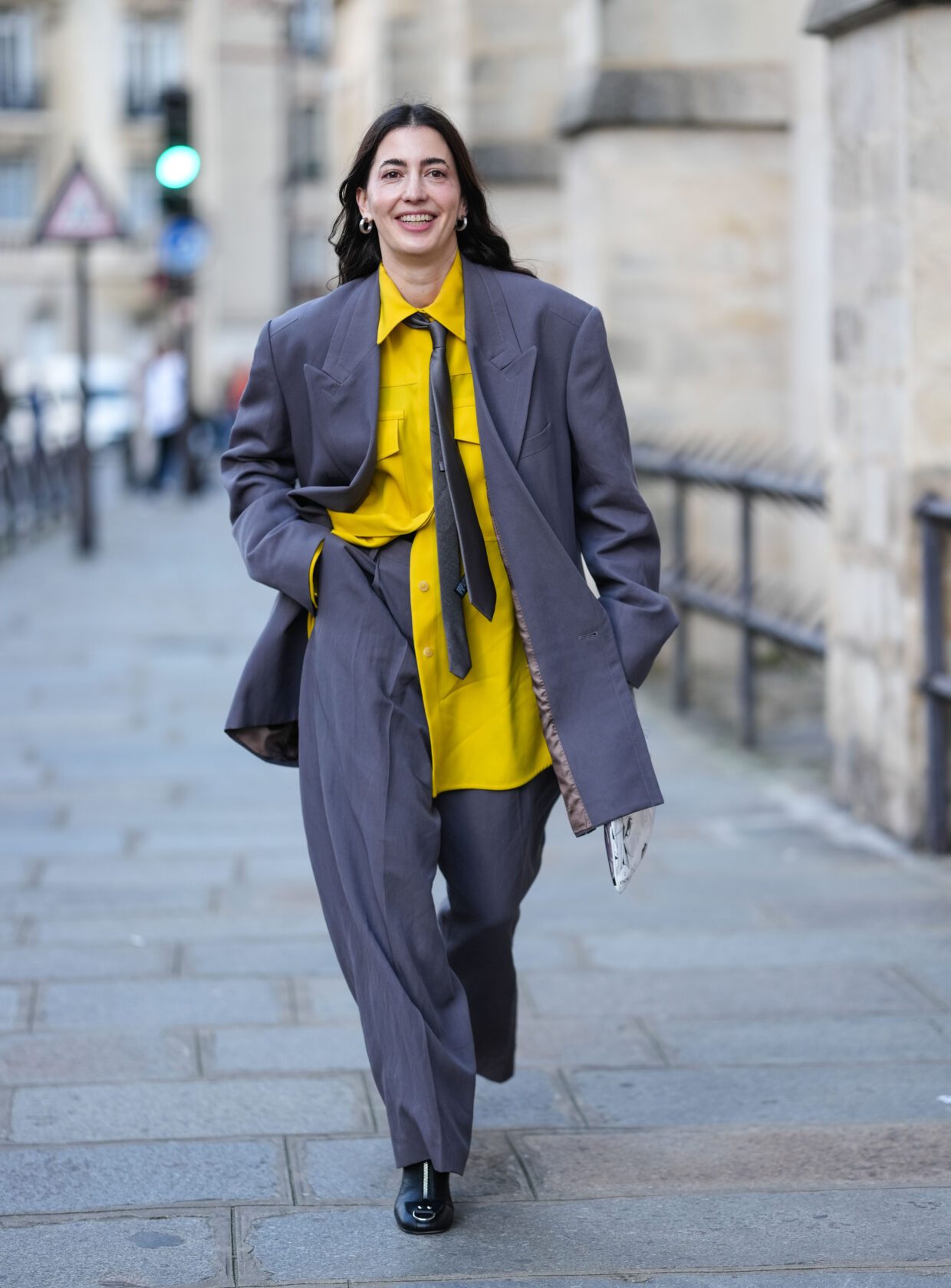 Ombre Silk Blouse Paired with Matching Purple Trousers for a Fluid Look — Colorful Winter Outfits