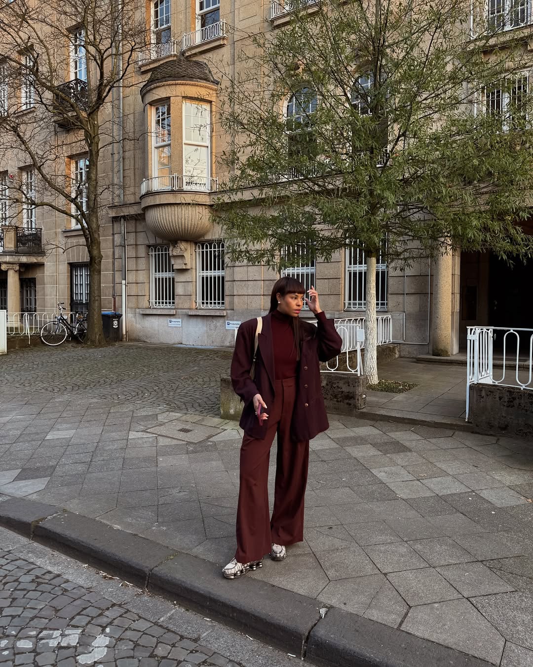 Deep Burgundy Turtleneck and Trousers with Oversized Blazer — Chicago Winter Outfits