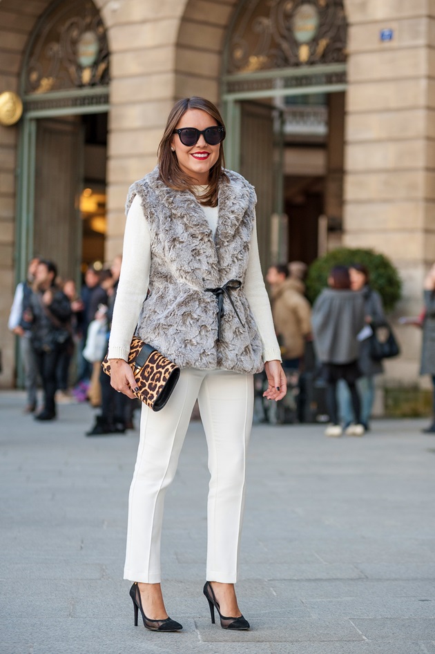 Faux Fur Vest Over Sweater with Ivory Trousers and Mesh Pumps — Paris Winter Outfits