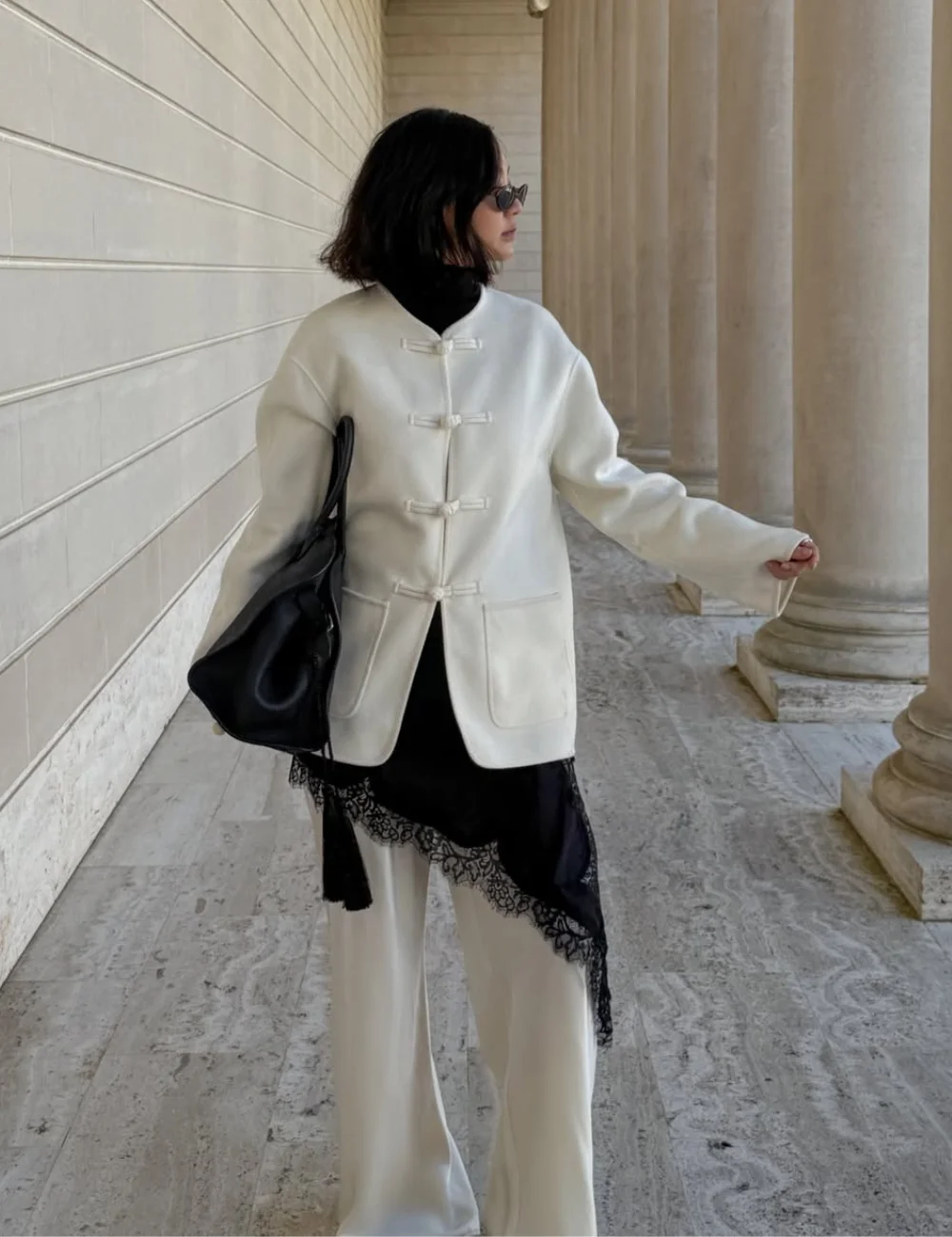 Chic Contrast: Wool Jacket over Slip Dress and Trousers — Japan Winter Outfits