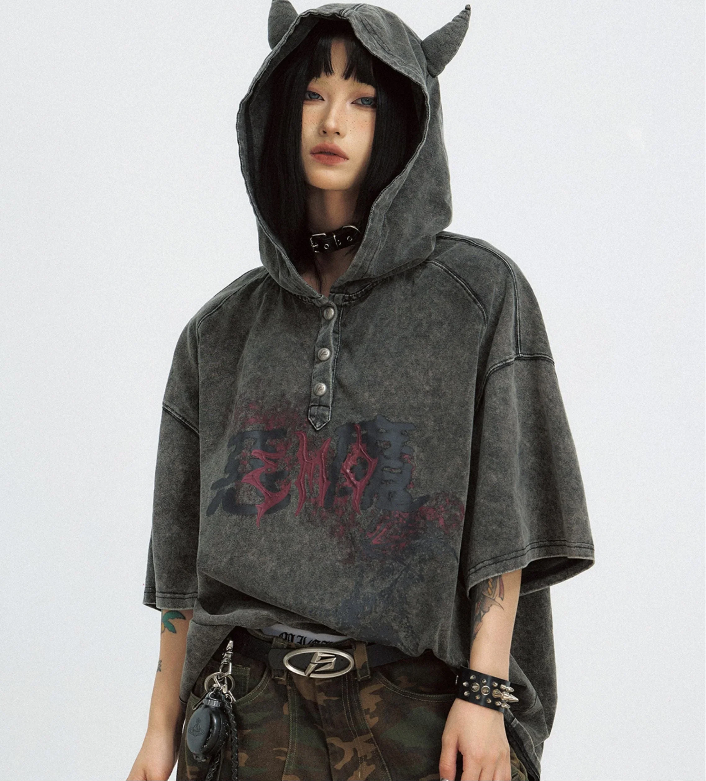 Streetwear Edge: Devil Horn Hoodie and Camo Pants — Japan Winter Outfits