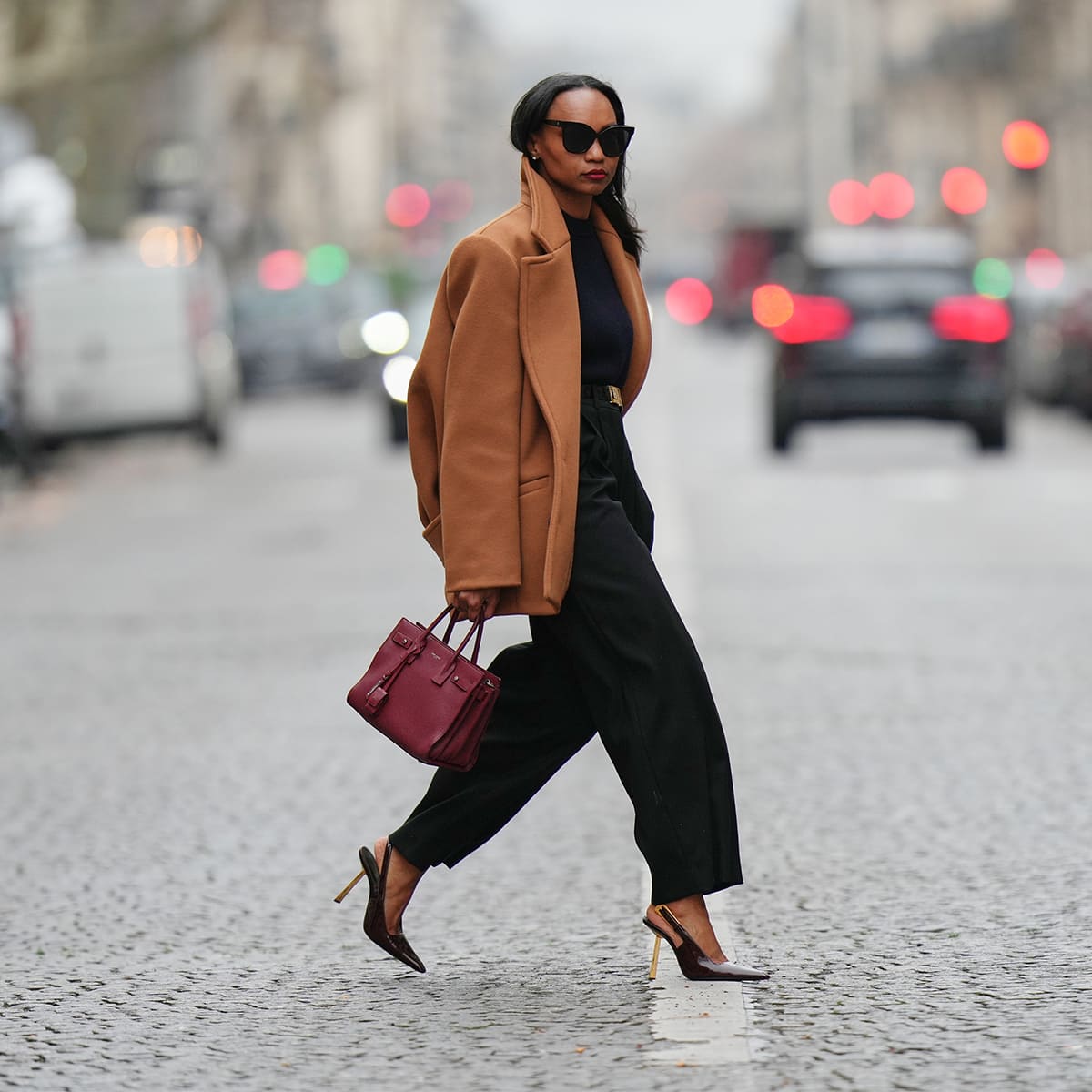 Camel Wool Coat Over Navy Sweater and Black Trousers — Italy Winter Outfits