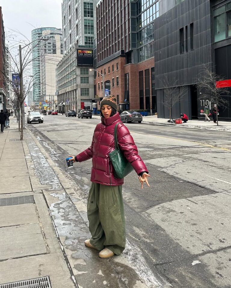 Burgundy Puffer with Wide-Leg Trousers — Long Puffer Coat Outfits