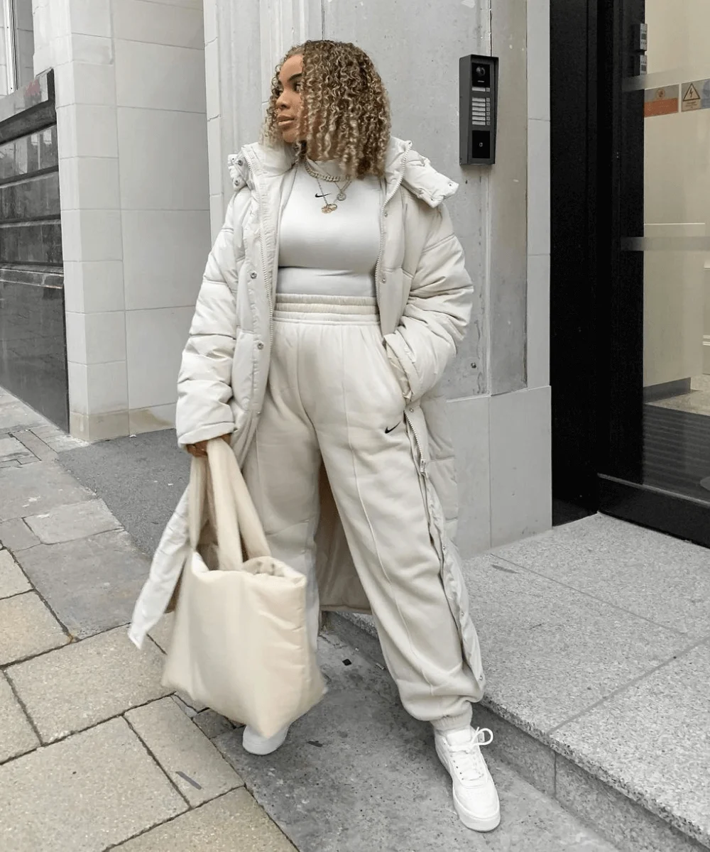 Cream Monochromatic Puffer and Joggers — Long Puffer Coat Outfits