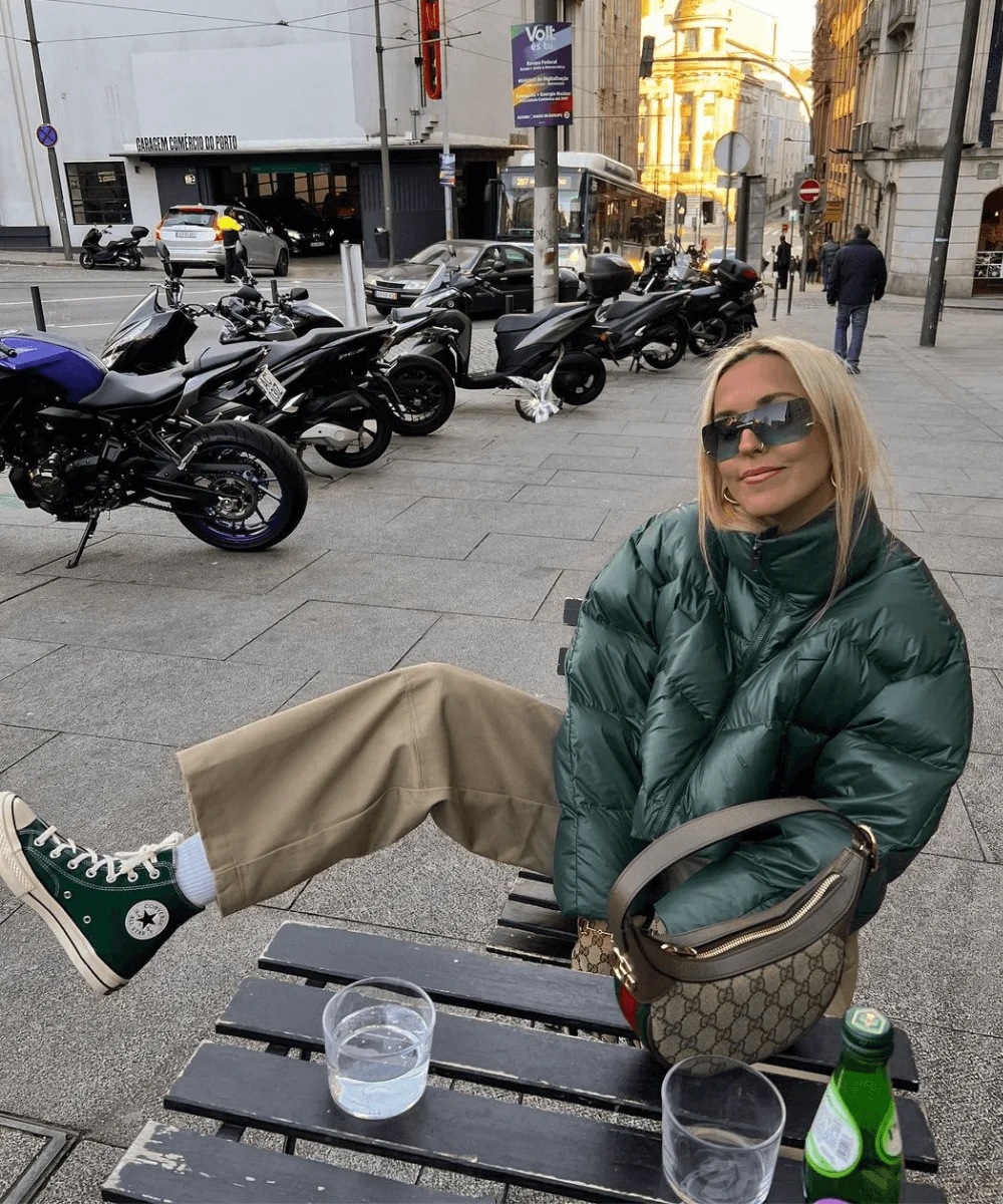 Green Puffer with Beige Wide-Leg Pants — Long Puffer Coat Outfits