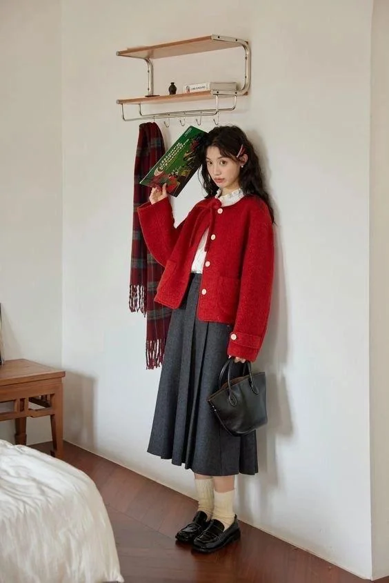 Textured Red Cardigan for a Pop of Color — Japan Winter Outfits
