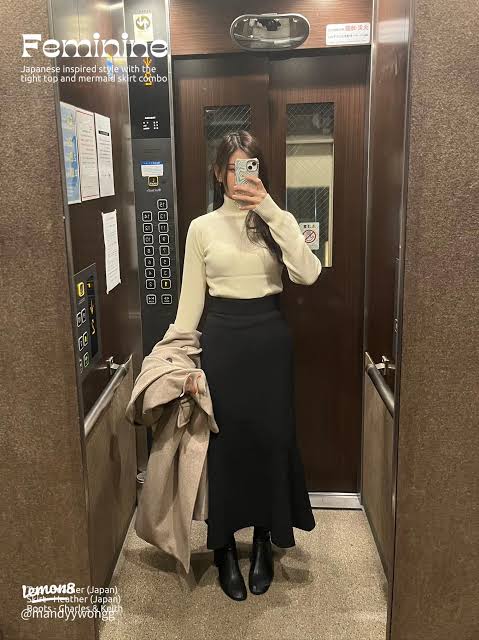 Sophisticated Layers: Turtleneck and Midi Skirt with Trench — Japan Winter Outfits