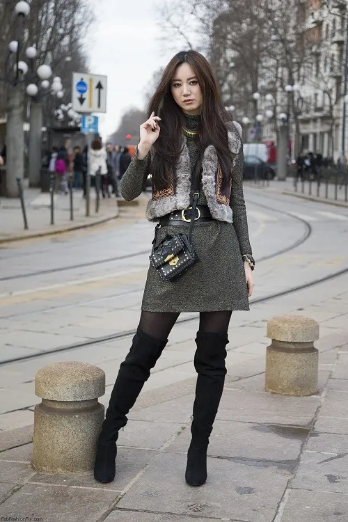 Glamorous Winter: Fur Vest over Metallic Dress — Japan Winter Outfits