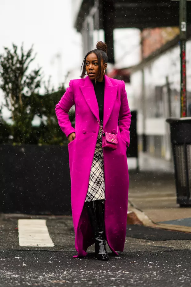 Fuchsia Wool Coat Over Plaid Skirt Fuchsia Wool Coat Over Plaid Skirt — Wool Coat Outfits