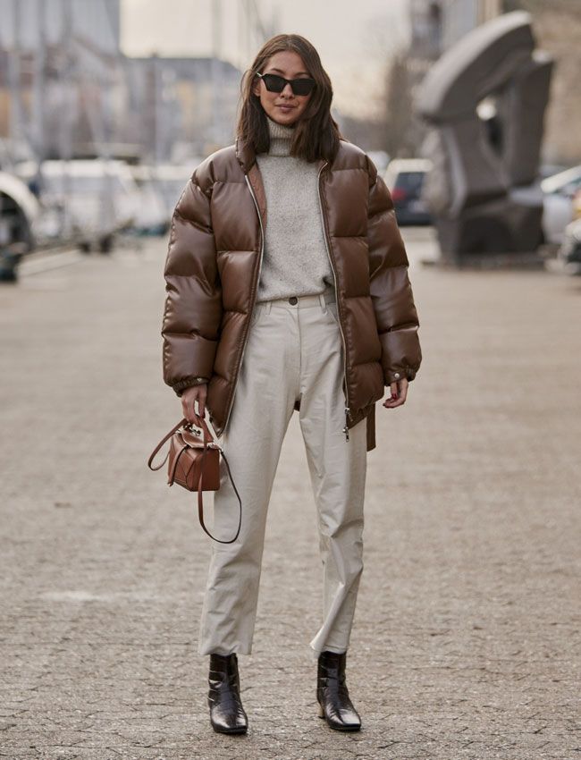 Brown Leather Puffer with Trousers — Long Puffer Coat Outfits