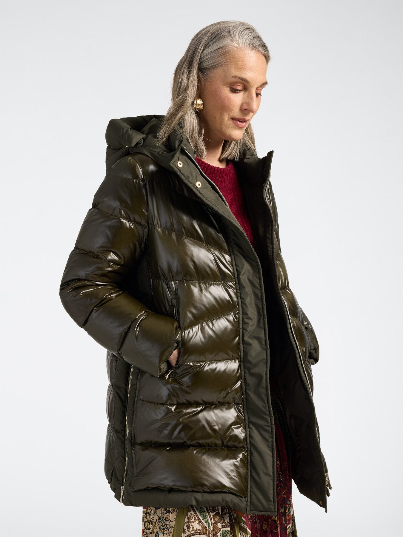 Shiny Olive Green Puffer with Red Knit — Long Puffer Coat Outfits