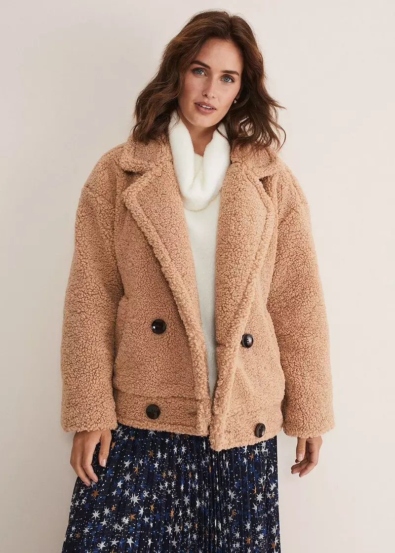Camel Teddy Jacket with a Navy Pleated Skirt and White Turtleneck — Teddy Coat Outfits