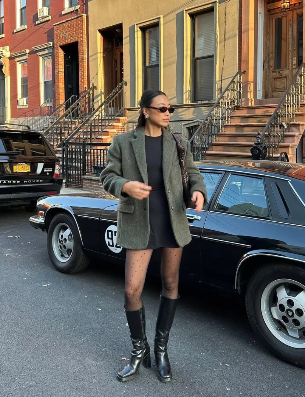 Urban Edge: Olive Green Blazer with Mini Dress and Tights — Car Coat Outfits