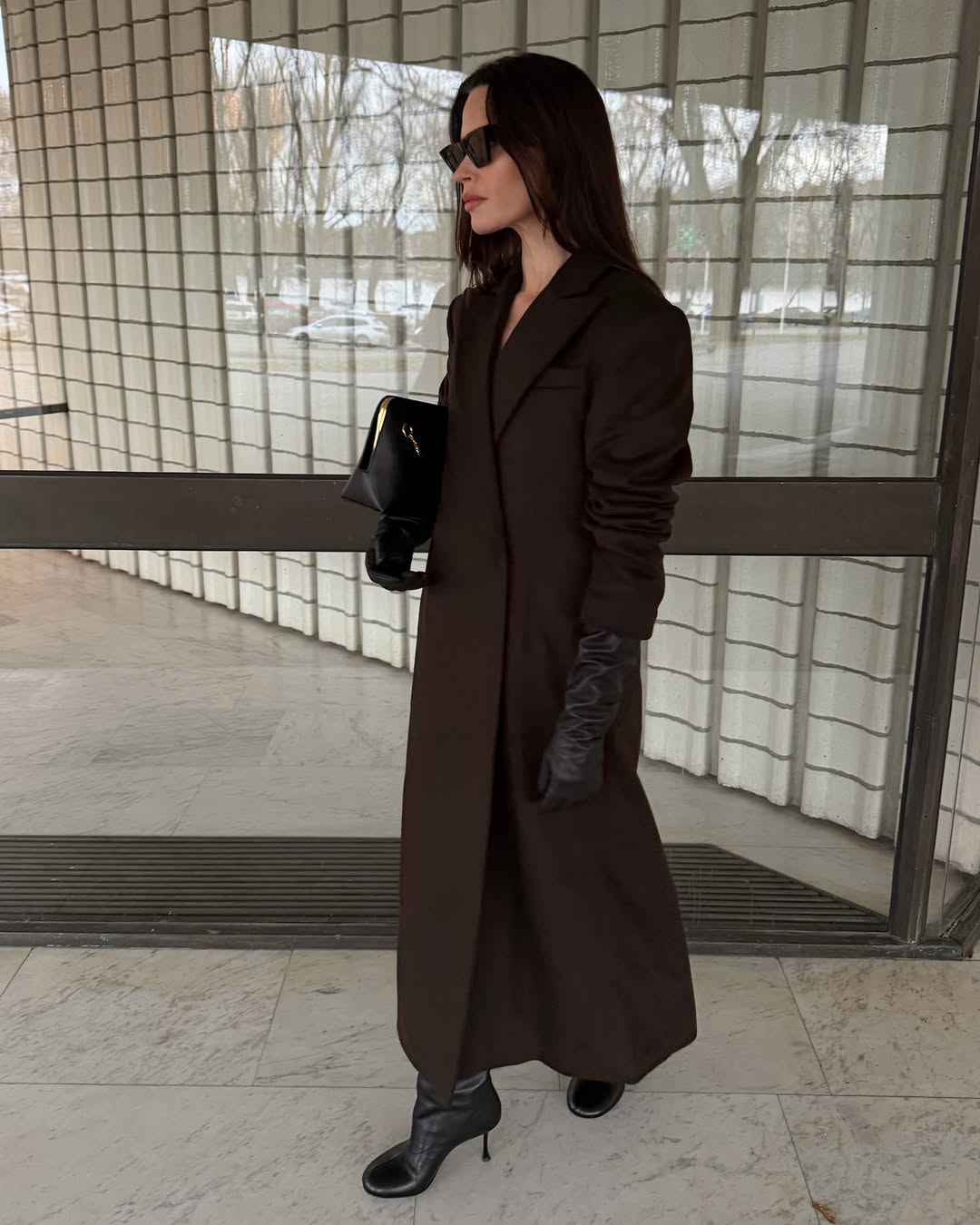 Monochromatic Sophistication: Dark Brown Car Coat with Leather Gloves — Car Coat Outfits