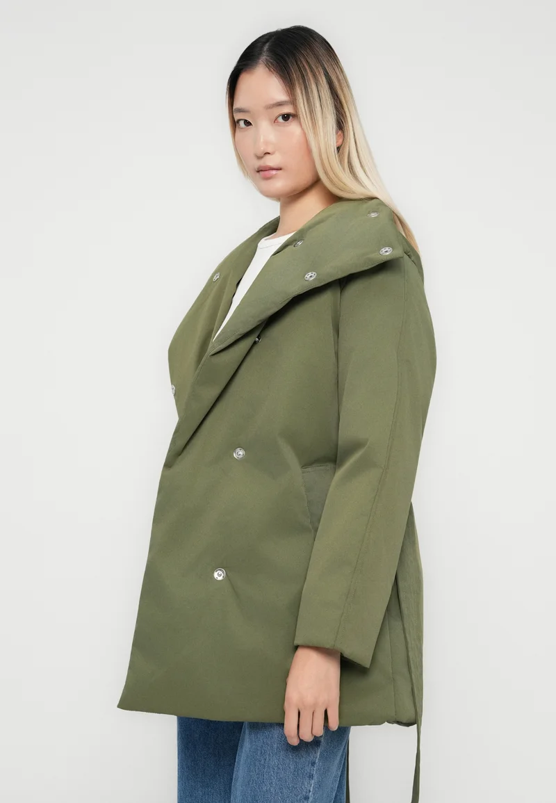 Olive Green Peacoat with Oversized Collar and Denim — Peacoat Outfits