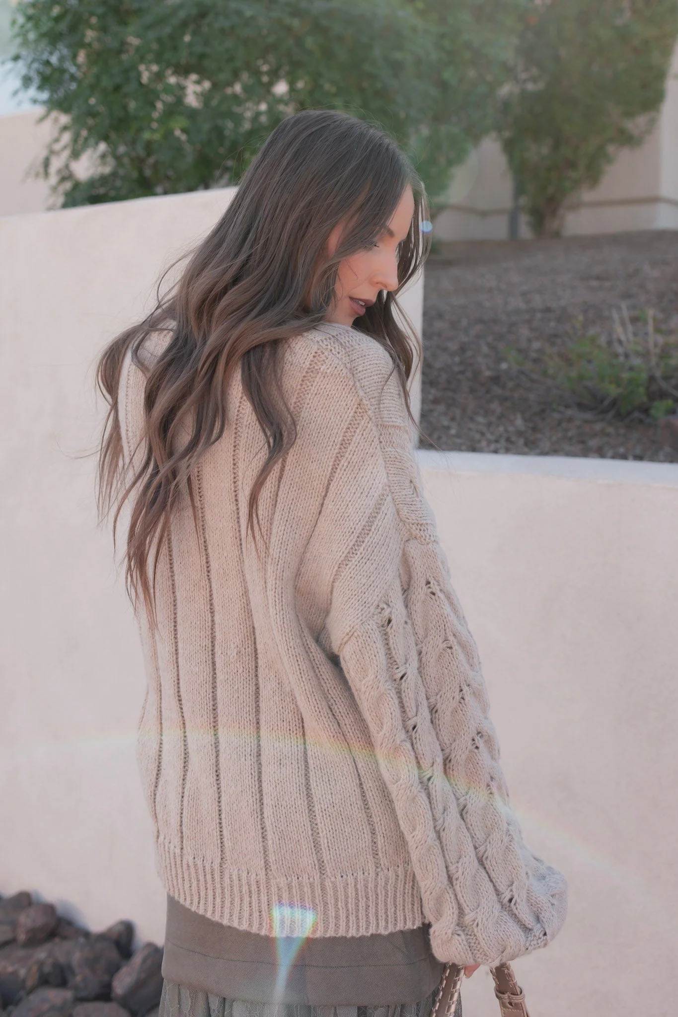 Distressed Beige Sweater with A-Line Skirt and Woven Bag — Oversized Sweater Outfits