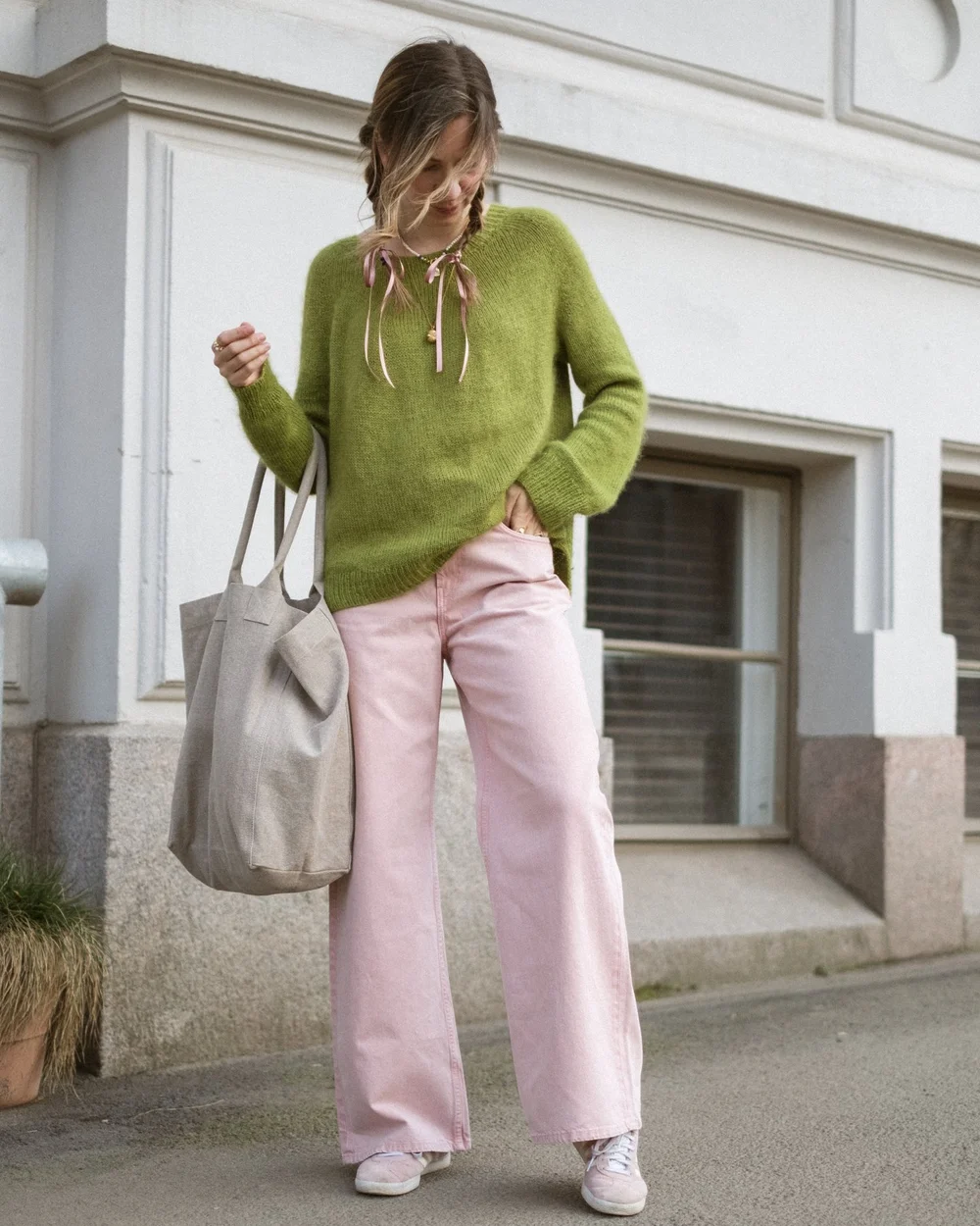 Fuzzy Green Sweater with Pink Denim and Tote Bag — Oversized Sweater Outfits