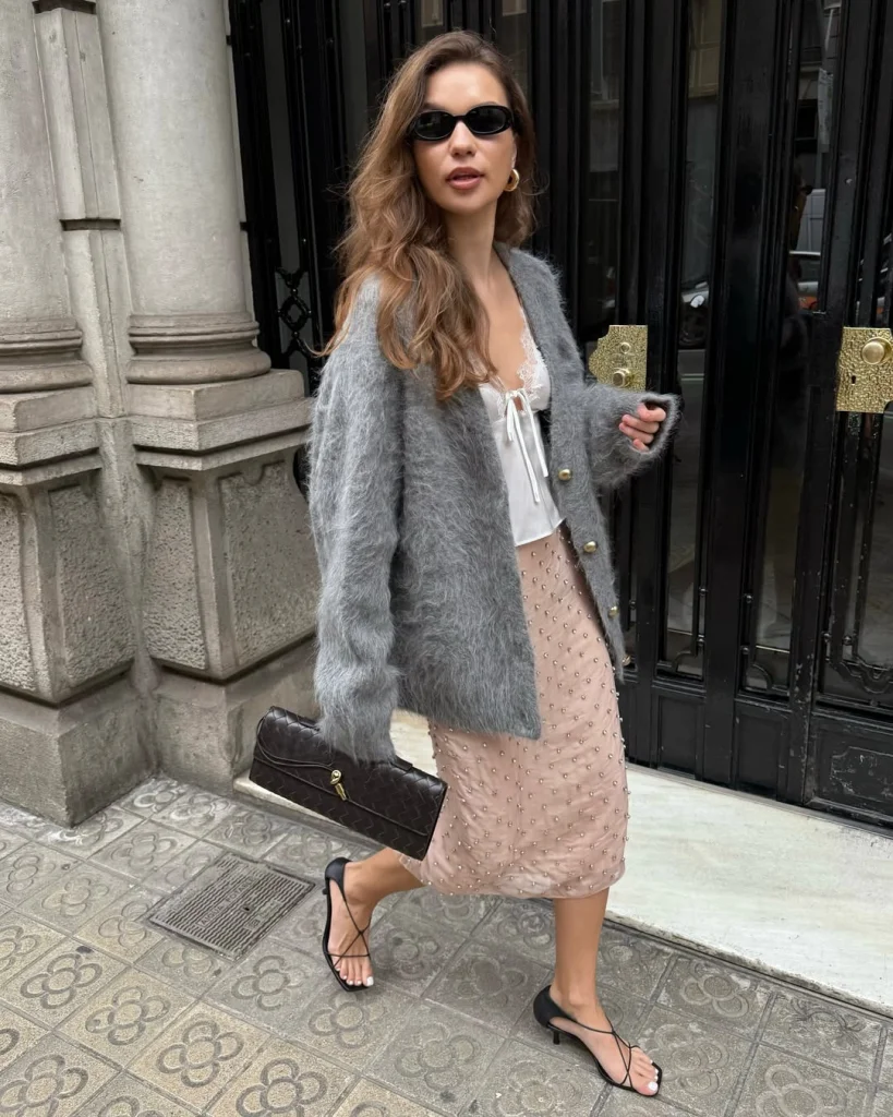 Evening Casual: Fuzzy Cardigan with Embellished Skirt — Cardigan Outfits