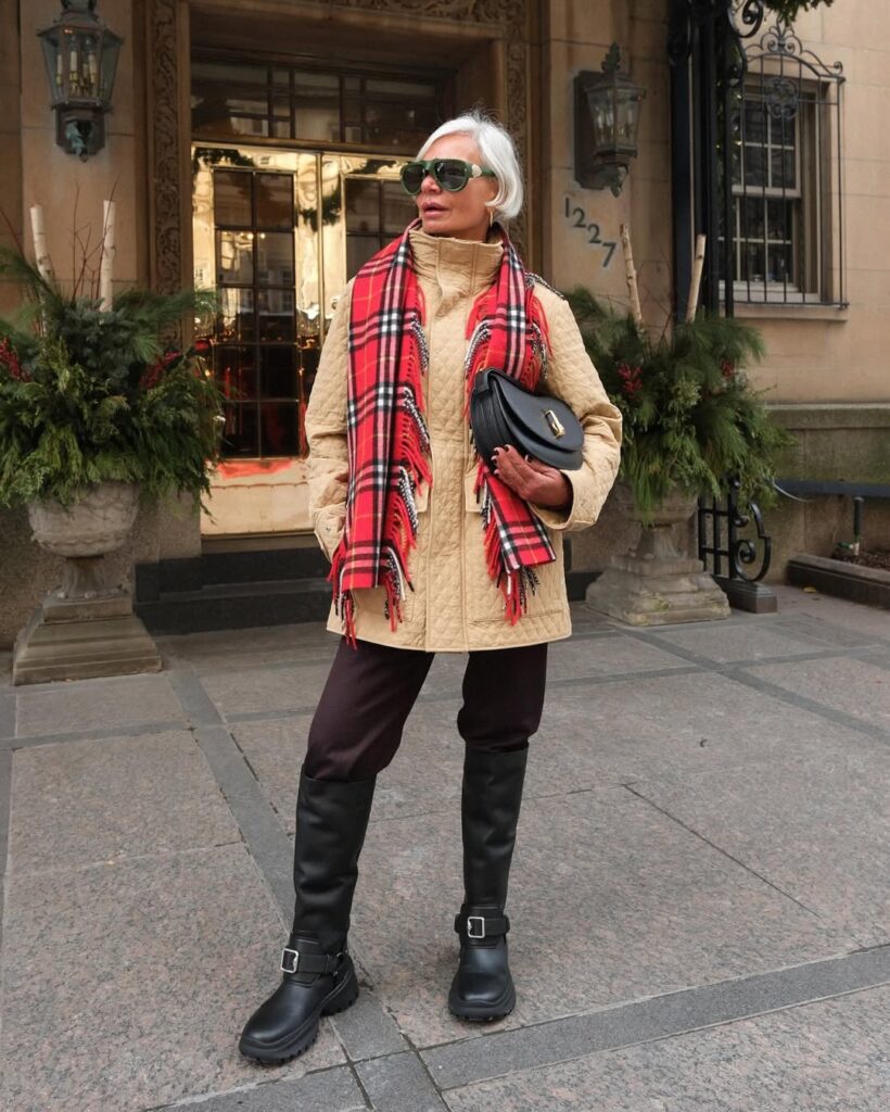 Beige Quilted Jacket with Red Plaid Scarf and Boots — Winter Outfits for Women Over 70