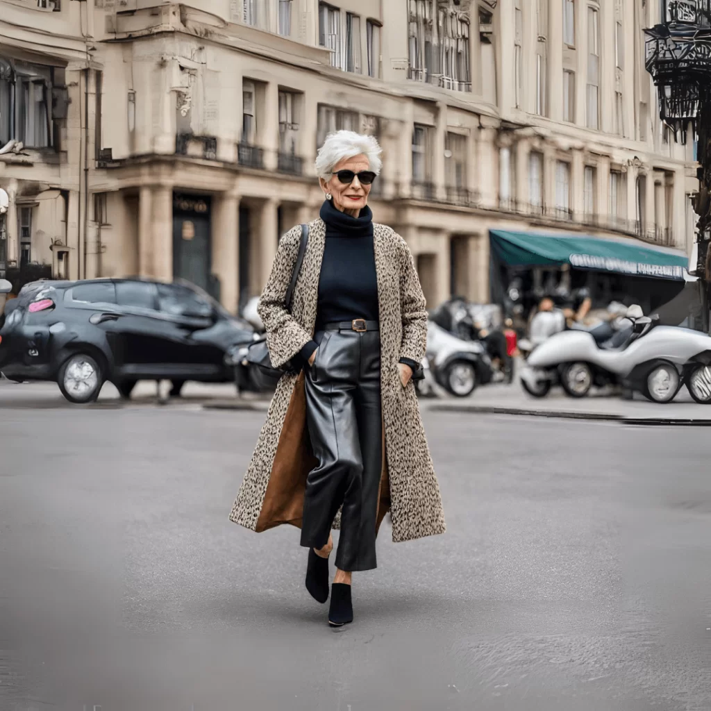 Leopard Print Coat Over Black Turtleneck and Leather Trousers — Winter Outfits for Women Over 70