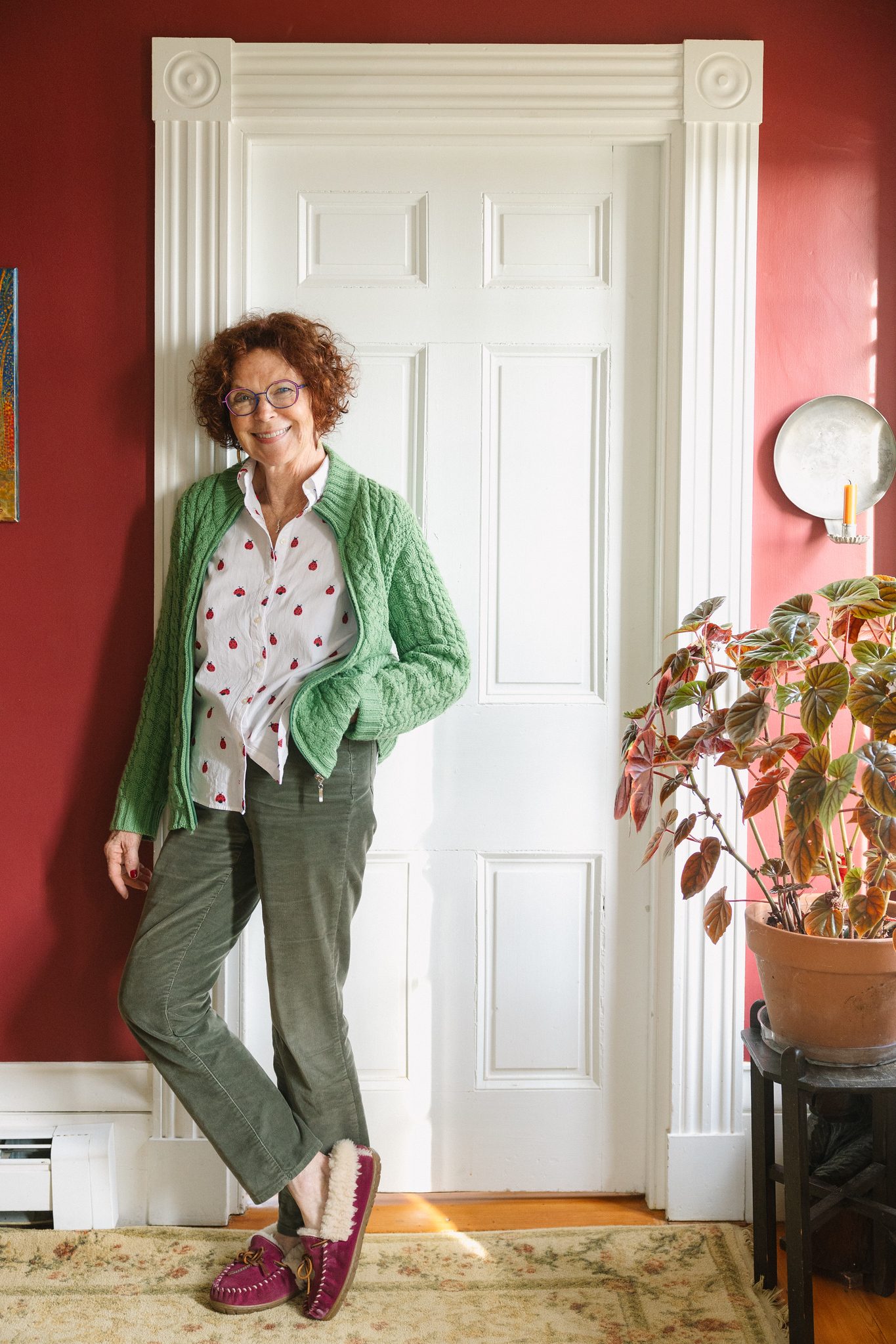 Green Cable Knit Cardigan with Grey Corduroys — Winter Outfits for Women Over 70