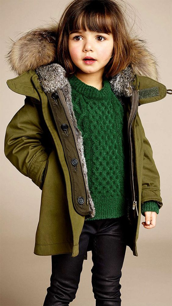 Chic Olive Green Parka with Cable-Knit Sweater — Winter Outfits for Kids